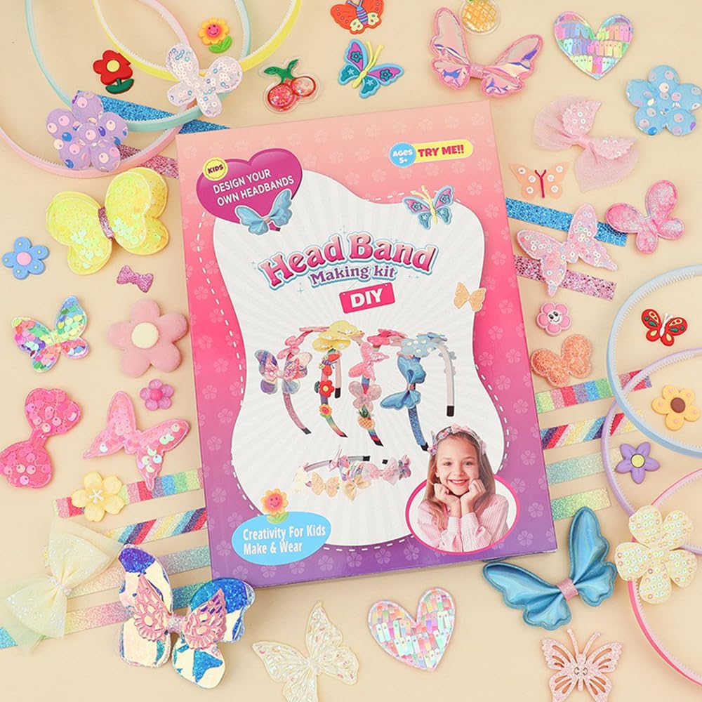 DIY Headband Making Craft Kit for Girls | Make Hairbands with Butterfly Flower Set with 6 Hair Bands 36 Accessories | Creative Activity for Kids 5-12, Birthday Gifts & Arts Projects Generic