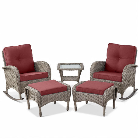 5 Piece Patio Rocking Chairs Furniture Set - Outdoor Wicker Furniture with Ottomans and Side Table, Rattan Conversation Bistro Set for Porch Balcony Backyard Belord