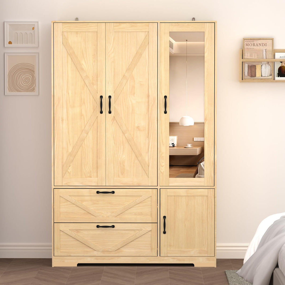 CORAZAZA 72" Armoire Wardrobe Closet with Mirror Door,3 Doors Farmhouse Bedroom Armoire with Drawers and Adjustable Shelves,Wooden Armoire Wardrobe Closet with Hanging Rod for Bedroom(Natural) CORAZAZA