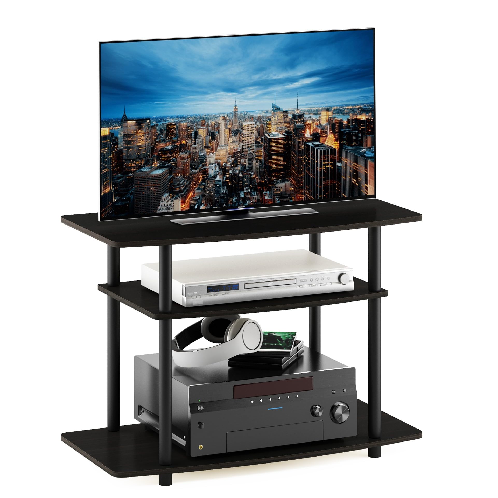 Furinno Turn-N-Tube No Tools 3-Tier Entertainment Center TV Stand for TV up to 32 Inch, Plastic Round Tubes, Espresso/black - WoodArtSupply