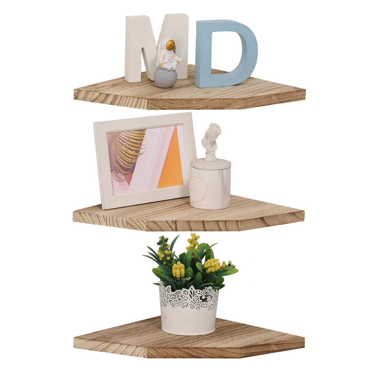 Joiishom Corner Wall Shelf Set of 3, Floating Corner Shelves for Wall, Rustic Wood Wall Storage Display Shelves for Living Room Bedroom Bathroom Kitchen (Fanshaped-Carbonized) Joiishom