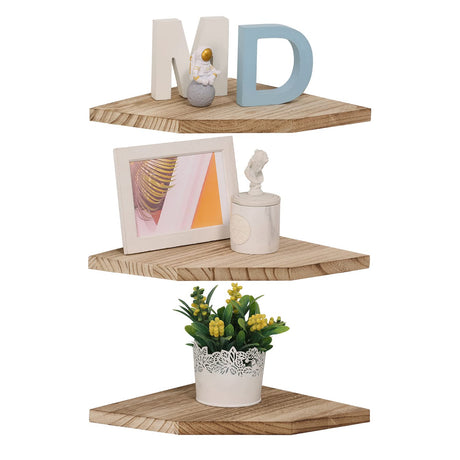 Joiishom Corner Wall Shelf Set of 3, Floating Corner Shelves for Wall, Rustic Wood Wall Storage Display Shelves for Living Room Bedroom Bathroom Kitchen (Fanshaped-Carbonized) Joiishom