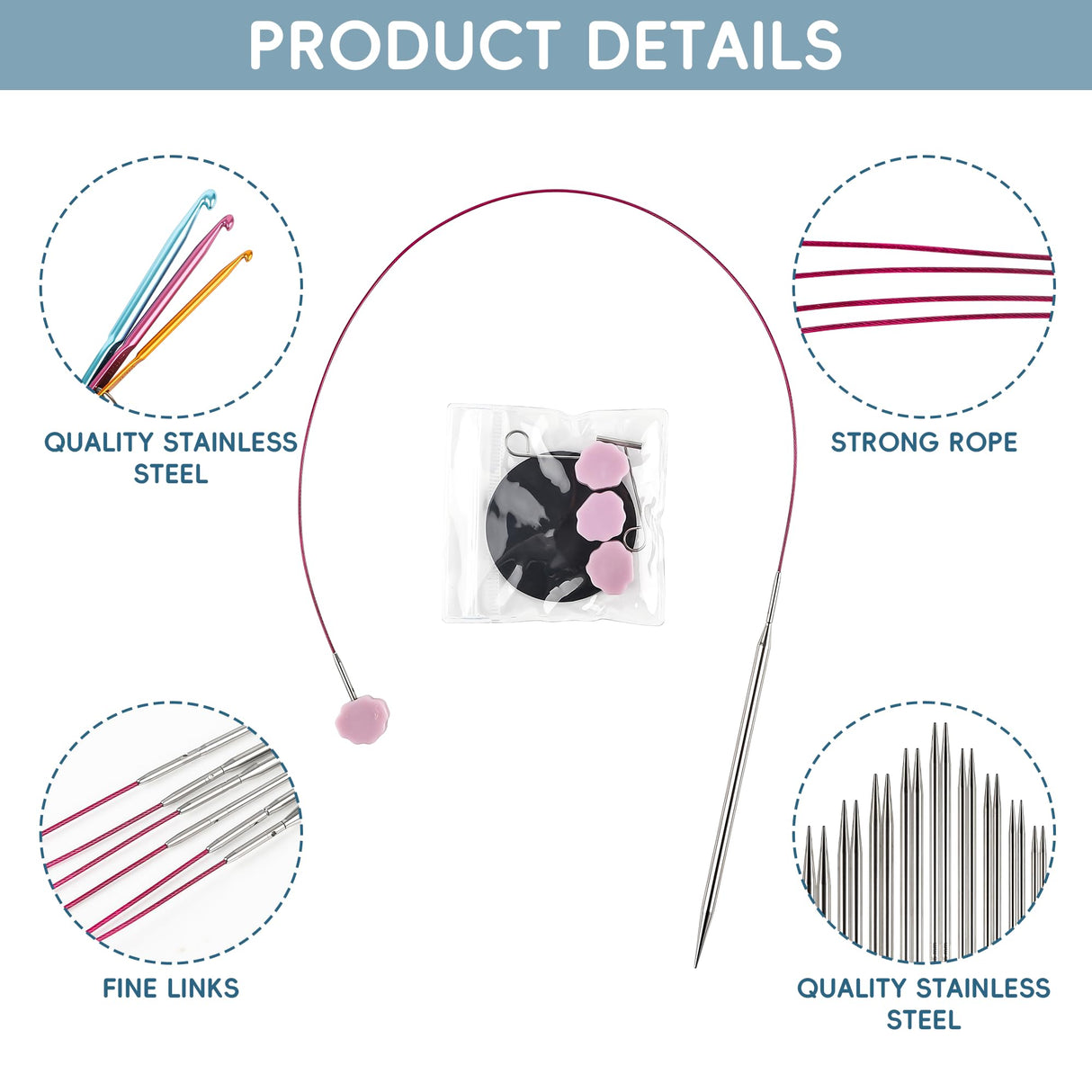 Froggod 4.5-Inch Aluminum Lace Interchangeable Circular Knitting Needle Set, Sizes US 1, 1.5, 2, 2.5, 4, 5, 6, 7 Interchangeable Knitting Needles Lace-Tip with 4 Assorted Cables with Project Bag Froggod