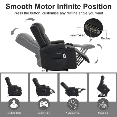 ACFOUL Power Lift Recliner Chair for Elderly with Vibration Massage and Lumbar Heating, Electric Oversized Leather Single Sofa with Cup Holders and USB & Type C Ports for Living Room, Black ACFOUL