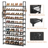 VTRIN 10 Tiers Shoe Rack Tall Large Capacity 50 Pairs Wide Shoe Organizer Sturdy Shoe Shelf for Entryway with Two Hooks Metal Shoe Storage for Closet, Bedroom, Black VTRIN