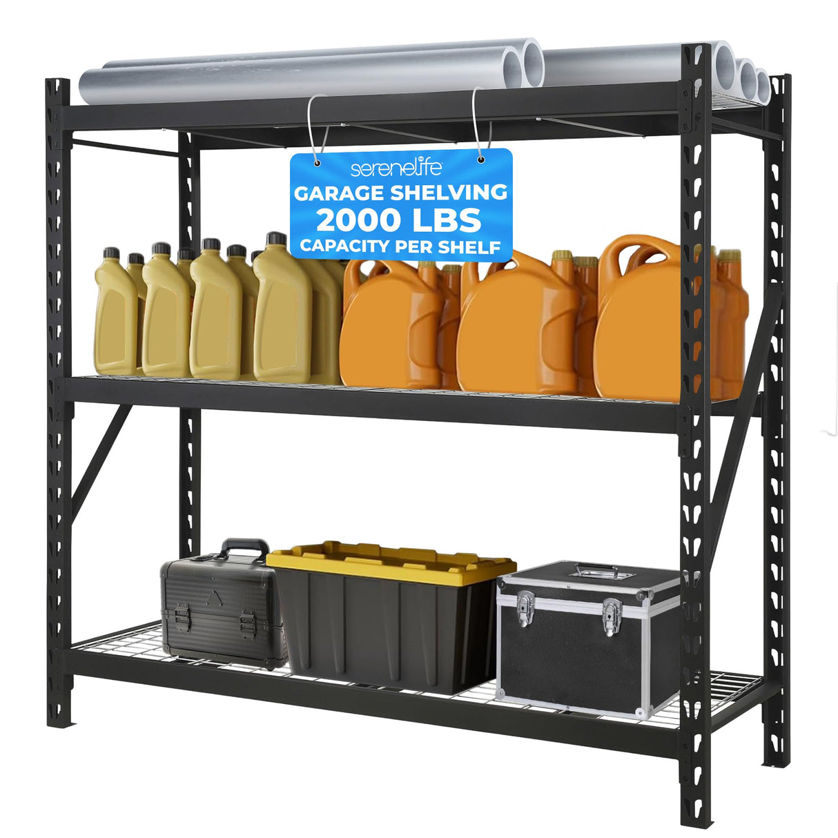 SereneLife Heavy Duty 3-Tier Metal Garage Shelving | 24" x 77" x 72" Extra Wide Adjustable Storage Utility | Freestanding Bulk Storage Rack | Open Wire Mesh Design | 2000 lbs. Capacity SereneLife