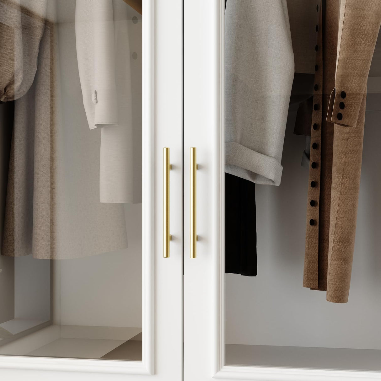 FUFU&GAGA Wardrobe Closet with Glass Doors, Modern White Bedroom Armoire with Gold Handles, Modern Clothes Storage Cabinet with 3 Drawers, Hanging Rod, 31.7”W x 19.3”D x 74.8”H FUFU&GAGA