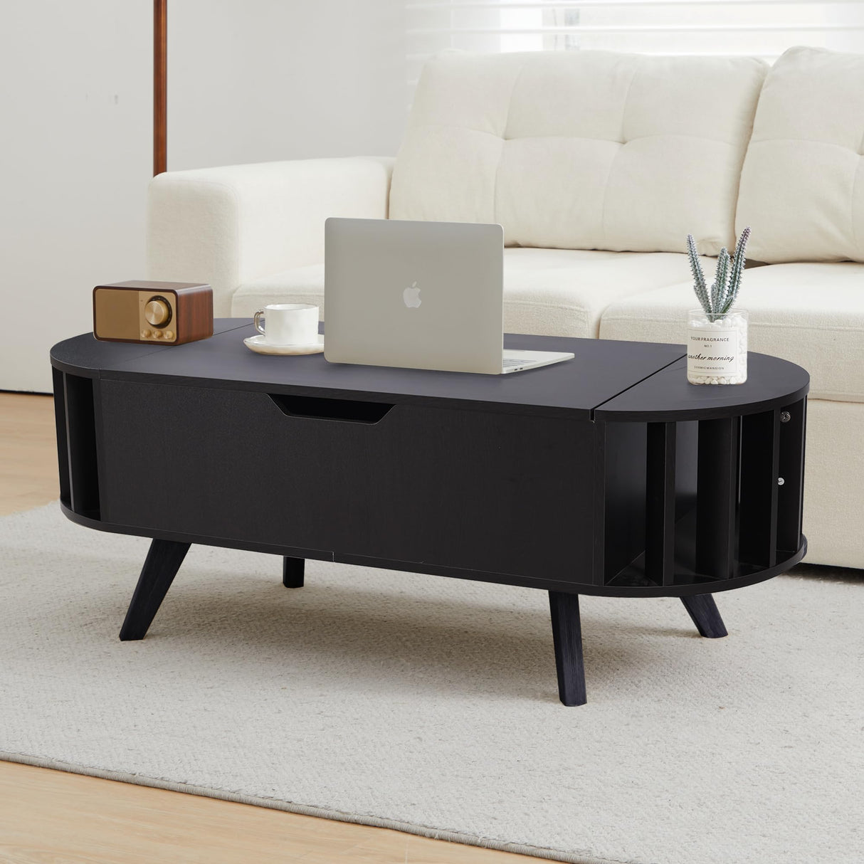 FurSch Wood Lift Top Coffee Table with Hidden Storage, 47.24" Oval Lift Table Top Curved Profile Design Conversation Table for Living Room, Office (Black) FurSch