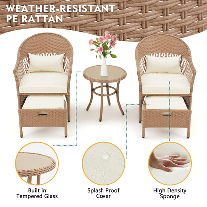 AVAWING 5 Pieces Patio Furniture Set, Outdoor Rattan Chairs with Round Glass Coffee Table, Ottomans & Soft Cushions, Wicker Conversation Bistro Set for Garden, Deck, Balcony, Poolside(Beige) - WoodArtSupply