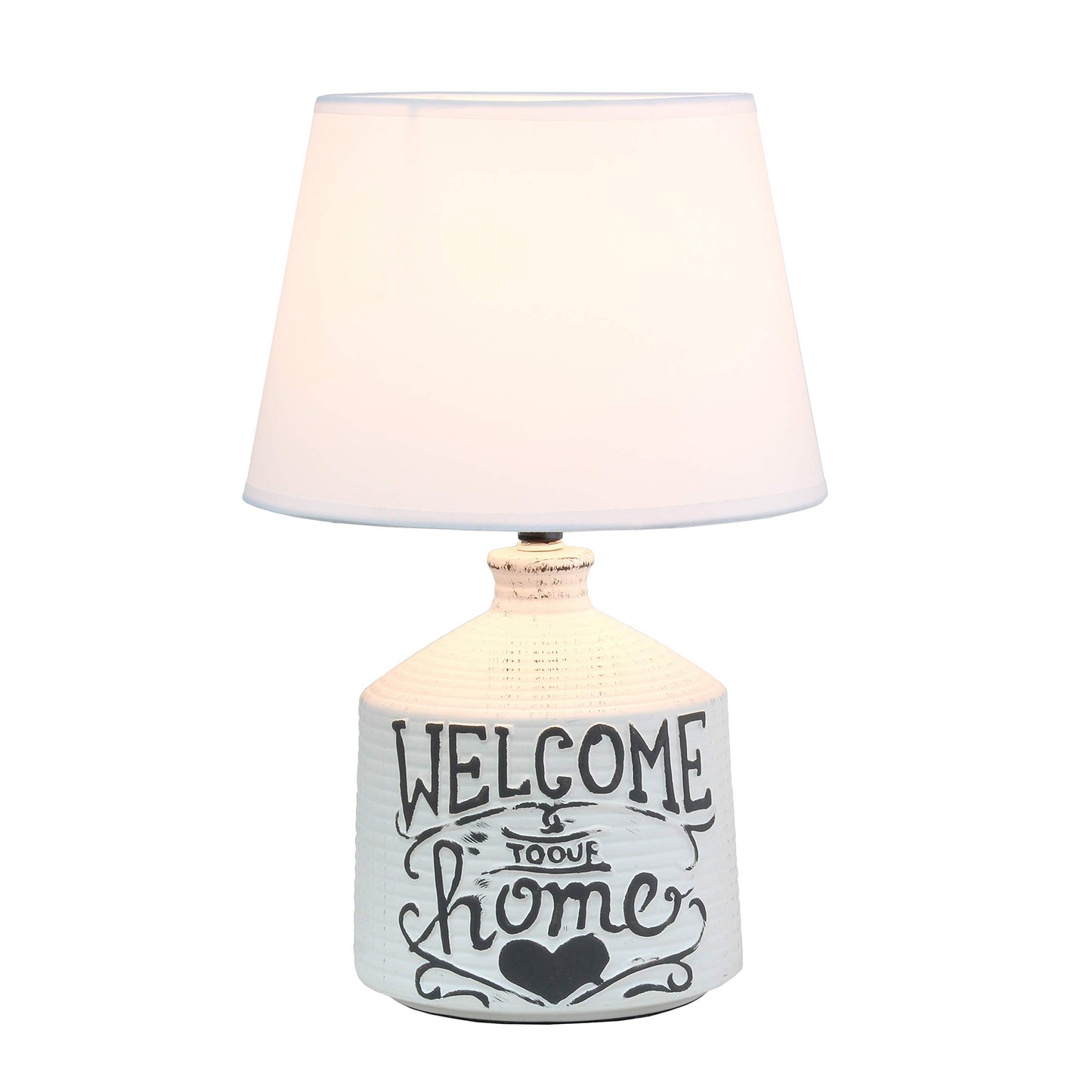 Simple Designs LT1066-HME Welcome Home Rustic Ceramic Farmhouse Foyer Entryway Accent Table Lamp with Fabric Shade - WoodArtSupply