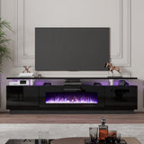 LUXOAK 80" Fireplace TV Stand, Modern High Gloss Finish Media Console with 40" Electric Fireplace, Open Storage Entertainment Center for TVs Up to 90" with LED Lights, Black LUXOAK