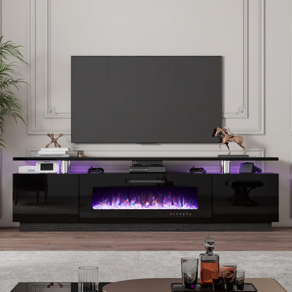 LUXOAK 80" Fireplace TV Stand, Modern High Gloss Finish Media Console with 40" Electric Fireplace, Open Storage Entertainment Center for TVs Up to 90" with LED Lights, Black