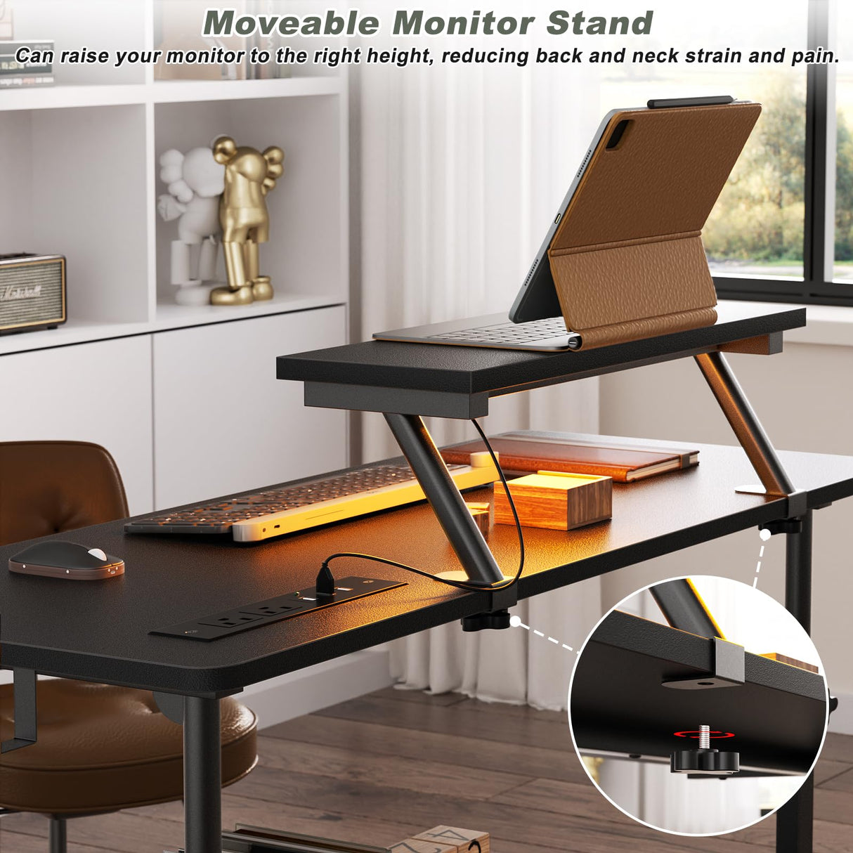 Height Adjustable Standing Desk with Power Outlets and LED Lights - 39" Manual Stand Up Desk with Monitor Stand and Storage Shelves Small Mobile Rolling Computer Desk Portable Laptop Table, Black Besiost