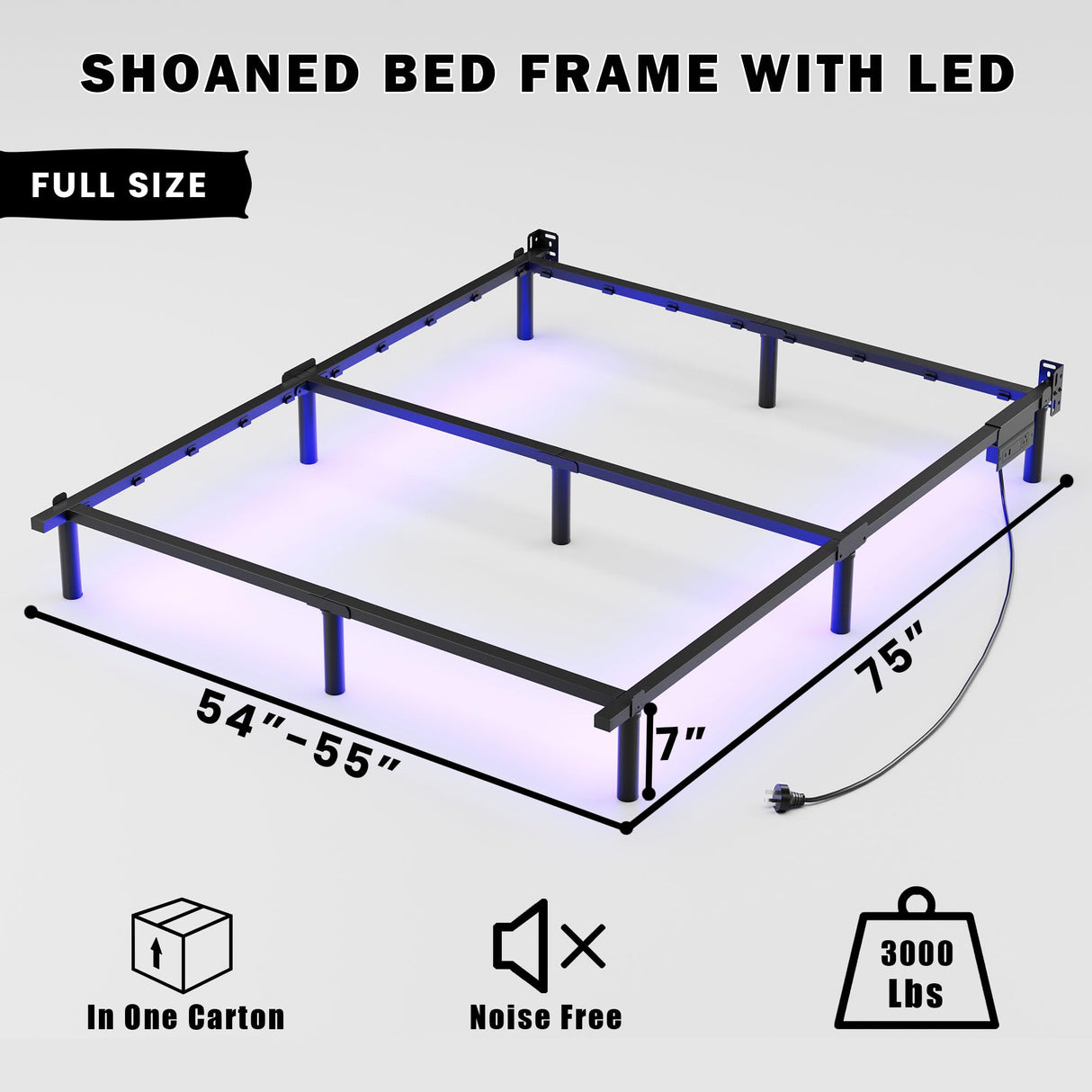 SHOANED Full Size Bed Frame with LED, 7 Inch Metal Steel Bedframe for Box Spring and Mattress, Heavy Duty Basics Bed Base, Noise Free, Easy Assembly, Black, Adjustable SHOANED