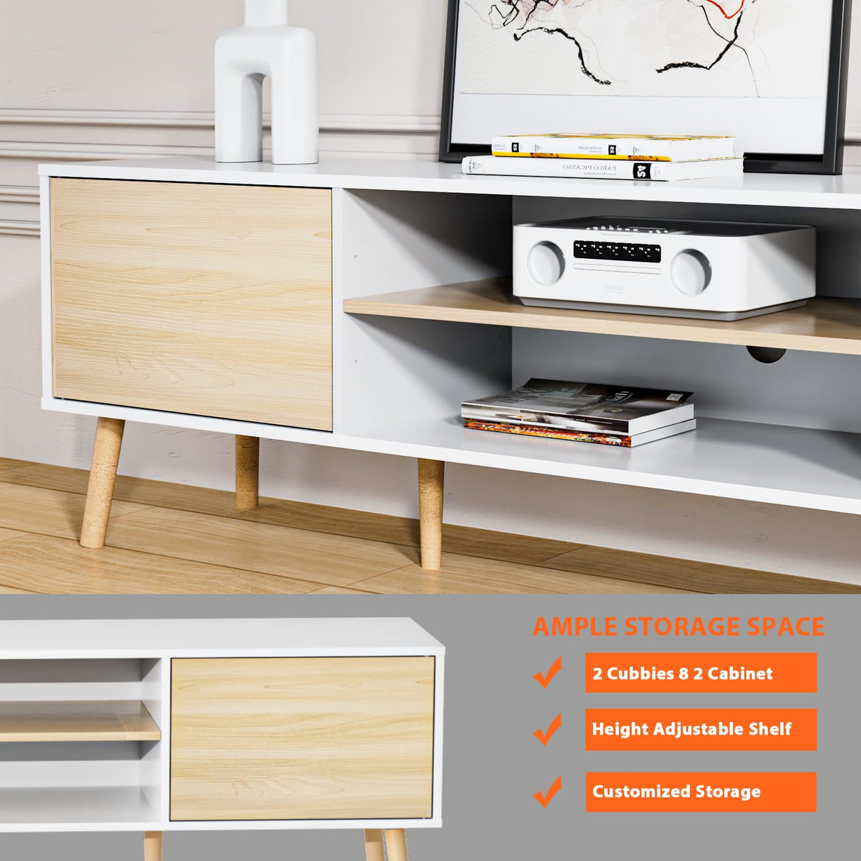 BVIUNTWO TV Stand for 75 Inch TV, Entertainment Center with Storage, 2 Cabinet Media Console Table, Wood Feet, Living Room, Bedroom Furniture,White&Oak BVIUNTWO