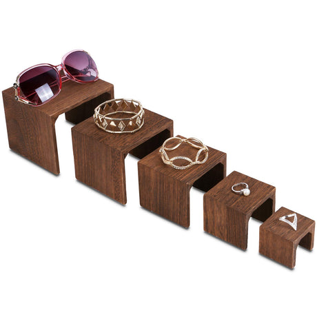 MOOCA 5-Piece Wooden Jewelry Display Risers - Multi-Function Retail Stands for Rings, Watches, Necklaces, Bracelets, and More - Various Heights, MOOCA