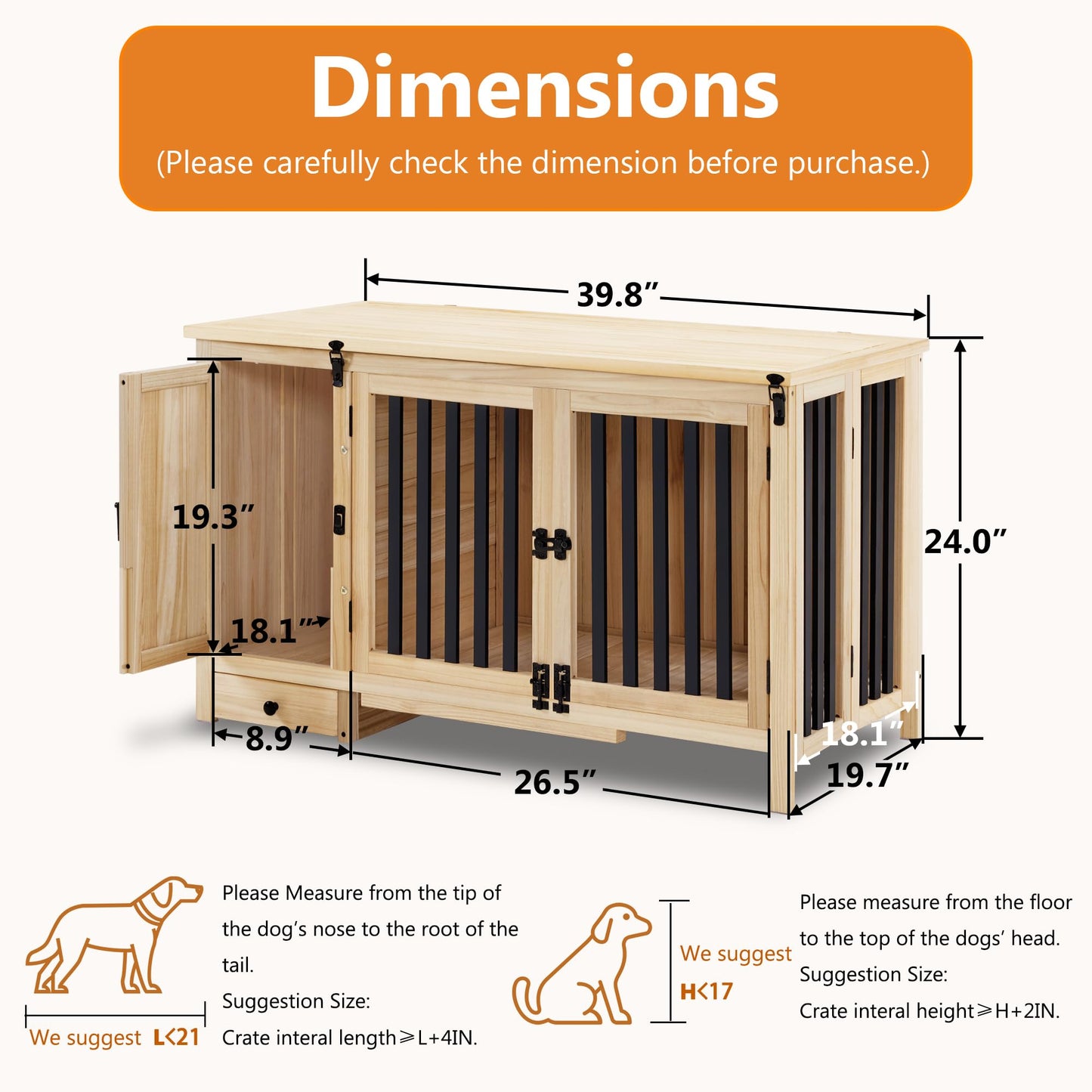 MCombo Wooden Dog Crate Furniture, Indoor Dog Kennel Pet House End Table, Solid Wood Portable Foldable Dog Cage for Small/Medium Dogs, CC44 (Natural)