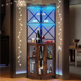 EROMMY Corner Bar Cabinet with Power Outlet, 5-Tiers Wine Bar Cabinet with LED Light and Glass Holder, Industrial Home Bar for Dining Room, Living Room, Kitchen, Rustic Brown EROMMY