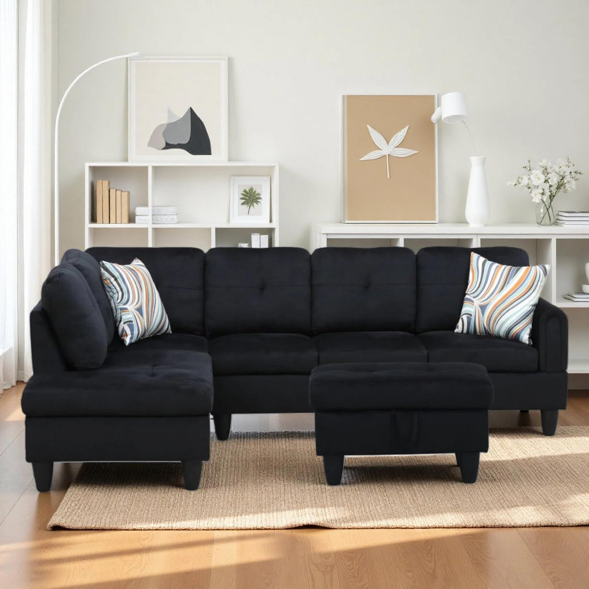 Trygoal L Shaped Couch Sectional Couches with Chaise and Storage Ottoman, 3 Pieces Modular Convertible Sofa for Living Room Furniture Sets and Small Apartment, Black Trygoal