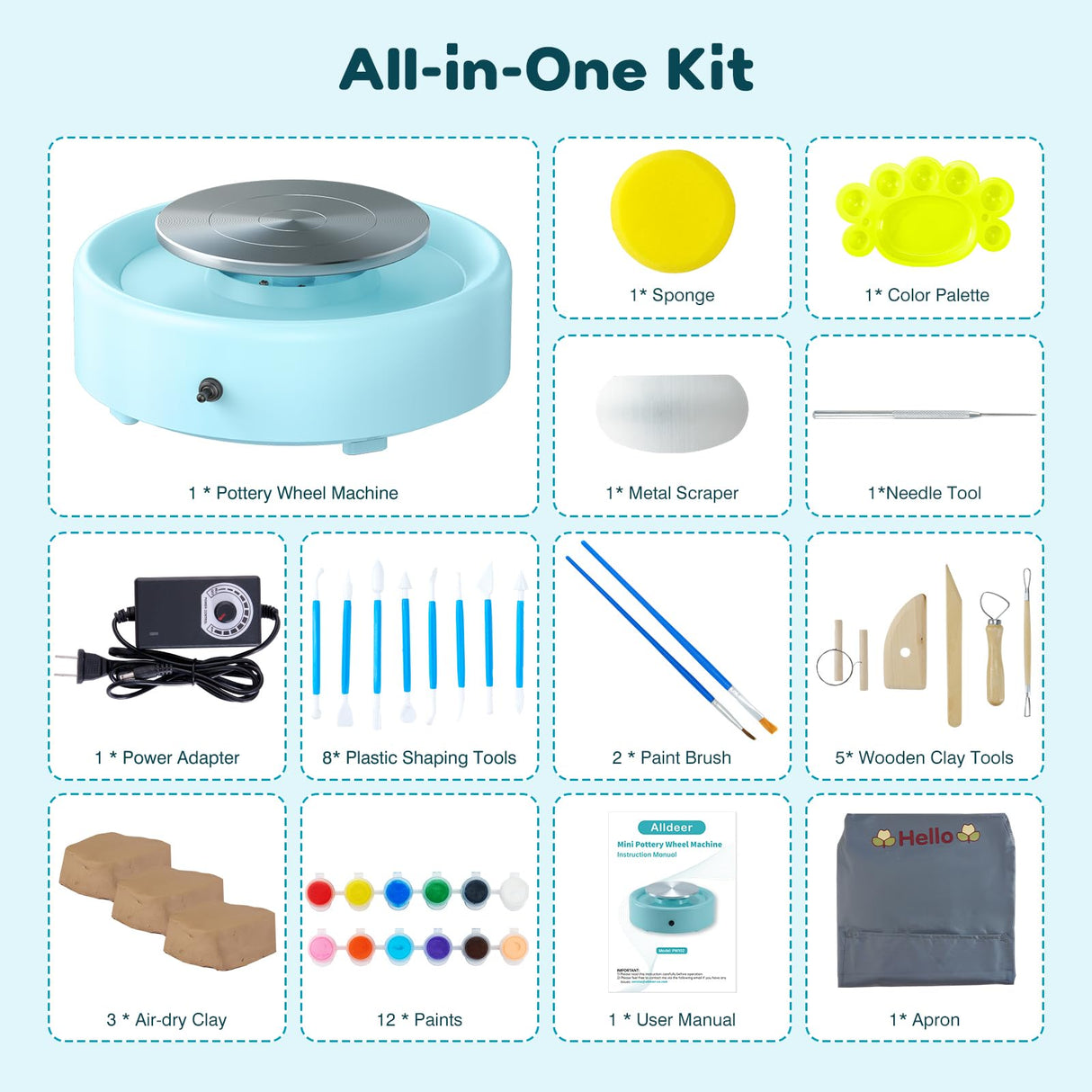 Alldeer Mini Pottery Wheel Machine - 6" Upgraded Clay Wheel for Beginners & Kids, 75W Motor, Adjustable Speed, Low Noise Ceramic Making Kit with 18PCS Sculpting Tools, Ideal for Home DIY Alldeer