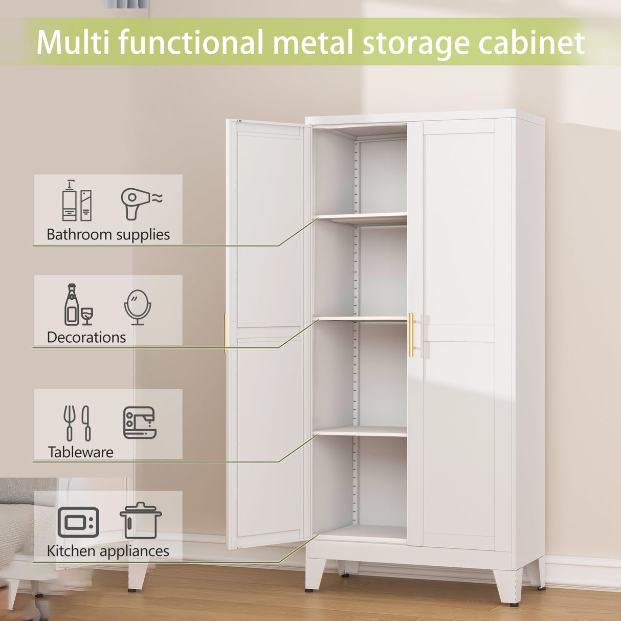 GAIOUS Metal Pantry Cabinet, Kitchen Pantry Storage Cabinets with 2 Door and 3 Adjustable Shelves, White Kitchen Pantry Cabinet, Freestanding Cupboard for Kitchen Dining Room Living Room Bathroom GAIOUS