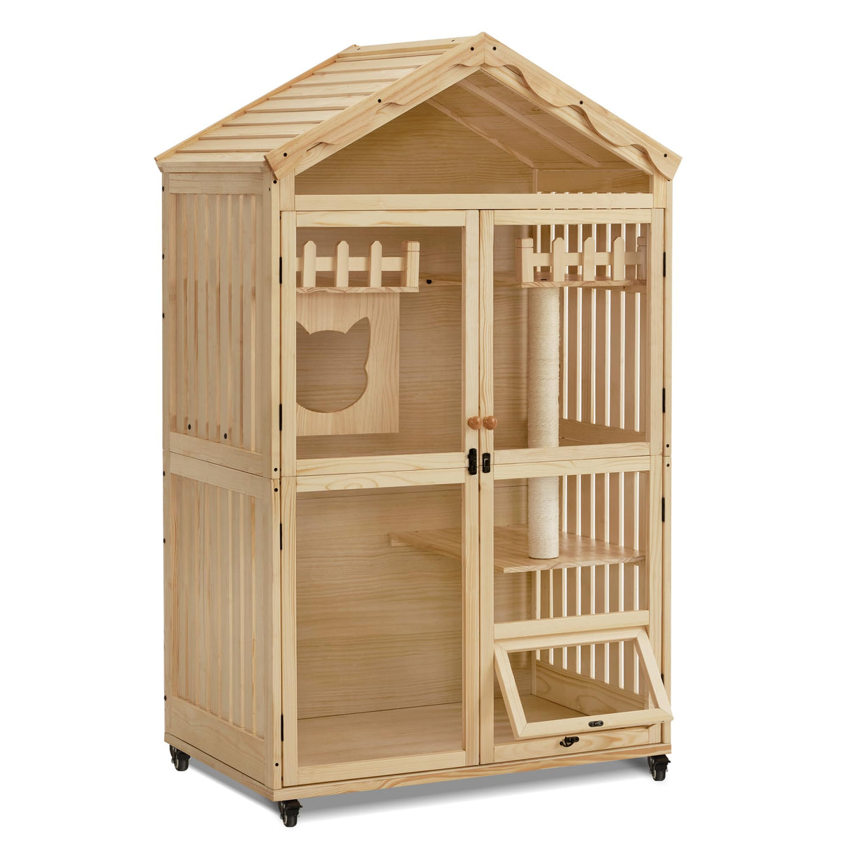MCombo Wooden Cat House for Indoor Cats, Cat Villa with Cat Entrance, Cat Catio with Lockable Doors & Wheels, CT291 MCombo