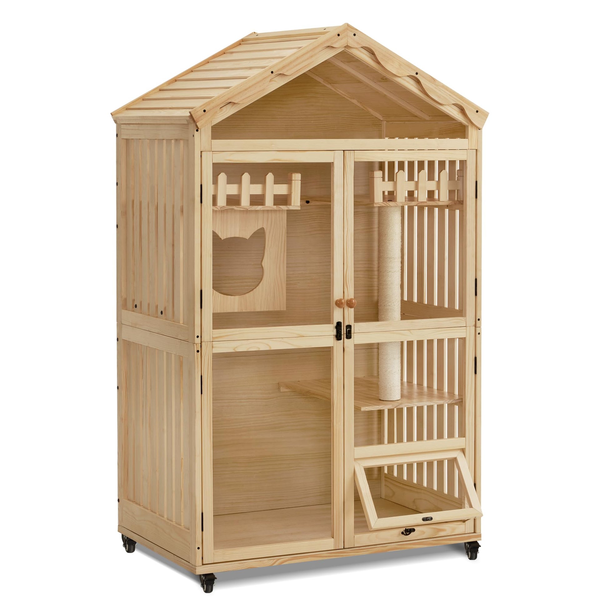 MCombo Wooden Cat House for Indoor Cats, Cat Villa with Cat Entrance, Cat Catio with Lockable Doors & Wheels, CT291 - WoodArtSupply