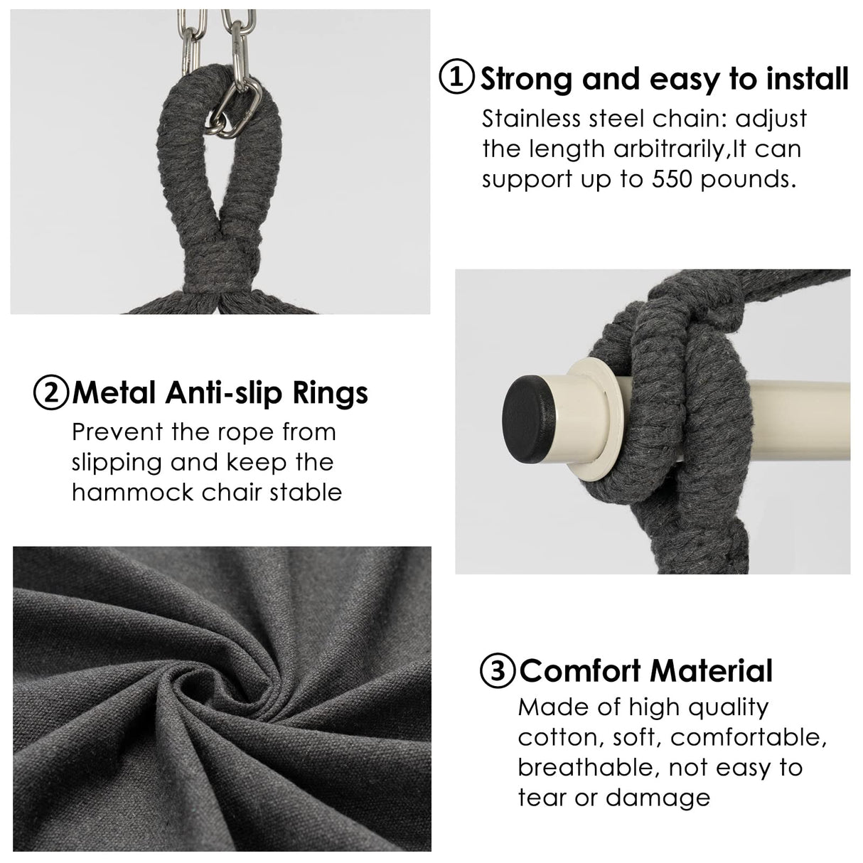 Y- STOP Hammock Chair Hanging Rope Swing, Max 500 Lbs, 2 Cushions Included, Large Macrame Hanging Chair with Pocket, Cotton Weave for Superior Comfort, Durability (Dark Grey) Y- STOP