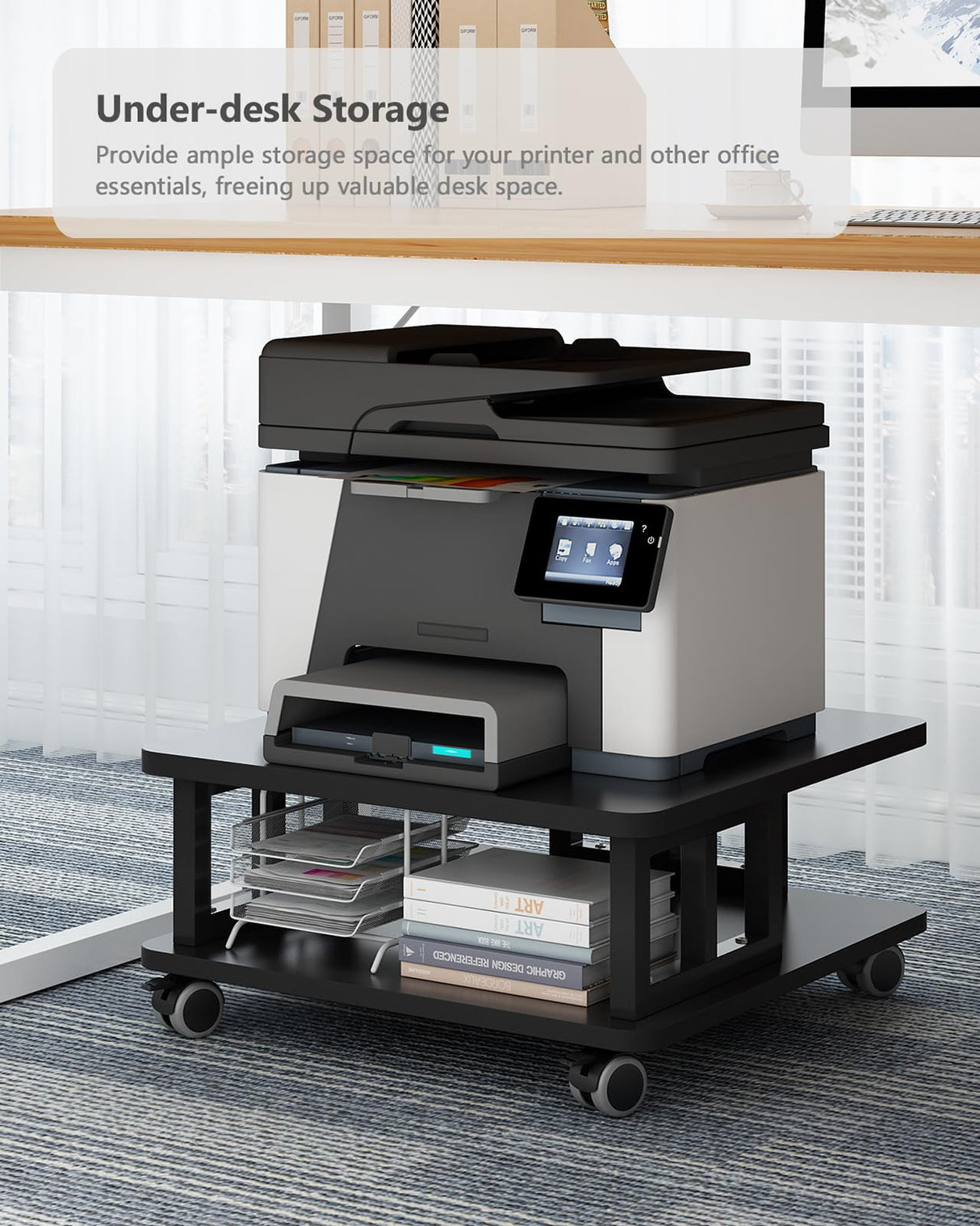 AOOSSI Mobile Printer Stand, 2-Tier Large Printer Shelf for Laser 3D Printer Office Machine with Storage, 23.6"x23.6" Wood Printer Cart Under Desk Rack with Wheels for Office Home Kitchen (Black) AOOSSI