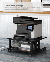 AOOSSI Mobile Printer Stand, 2-Tier Large Printer Shelf for Laser 3D Printer Office Machine with Storage, 23.6"x23.6" Wood Printer Cart Under Desk Rack with Wheels for Office Home Kitchen (Black) AOOSSI