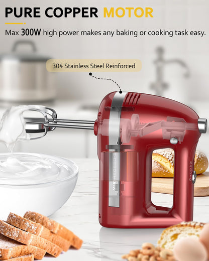 Z-DESDEMONA Electric Hand Mixer, Powerful 300W Hand Mixer Electric Handheld with 304 Beaters, Dough Hook, Hand Held Mixer with Turbo for Baking Cakes, Eggs, Cream Food(Red)