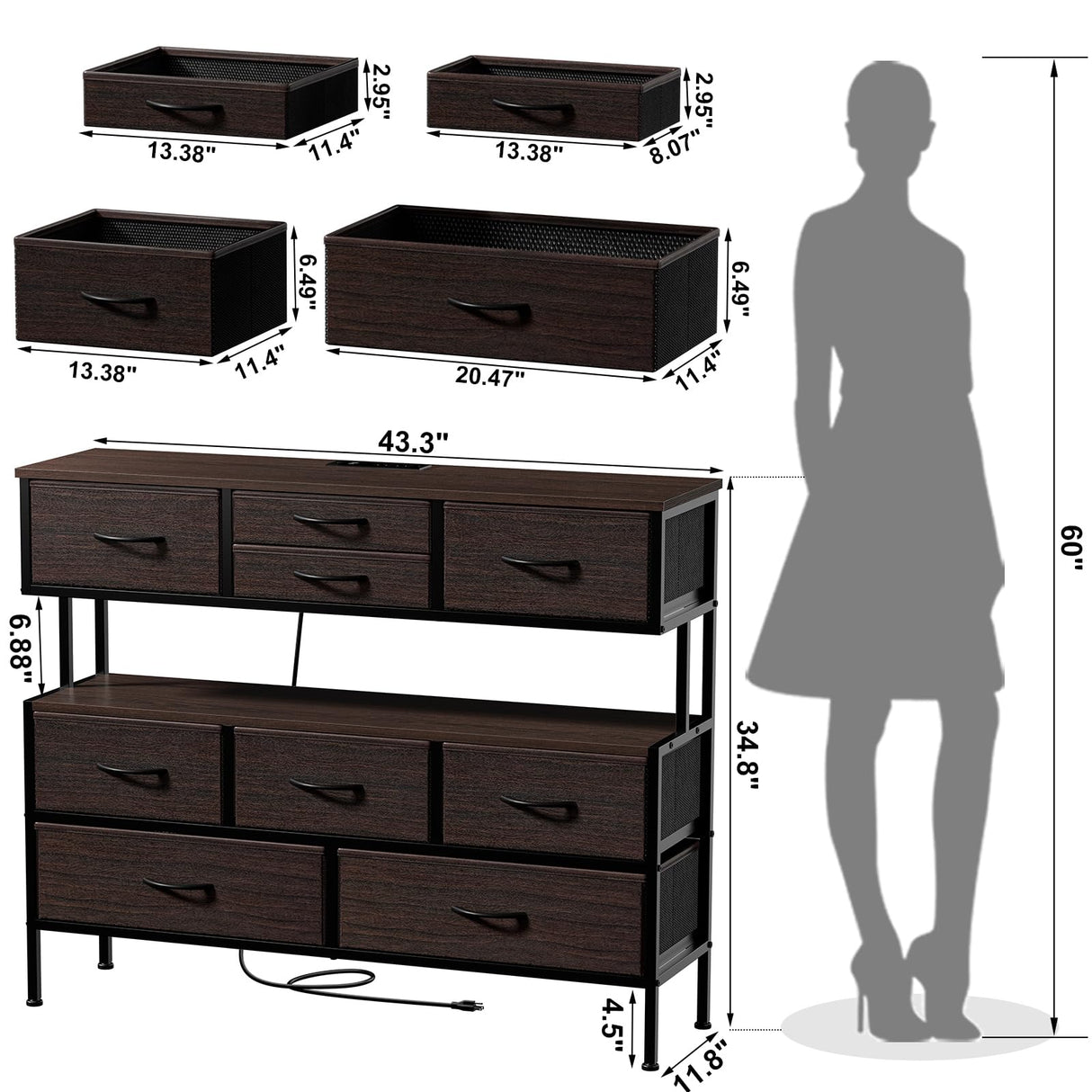 REAHOME Dresser TV Stand with Charging Station and LED Lights, 55” TV Stand with 9 Drawers, Fabric Dresser for Bedroom, Steel Frame, Large Storage Chest of Drawers for Closet, Living Room, Brown REAHOME