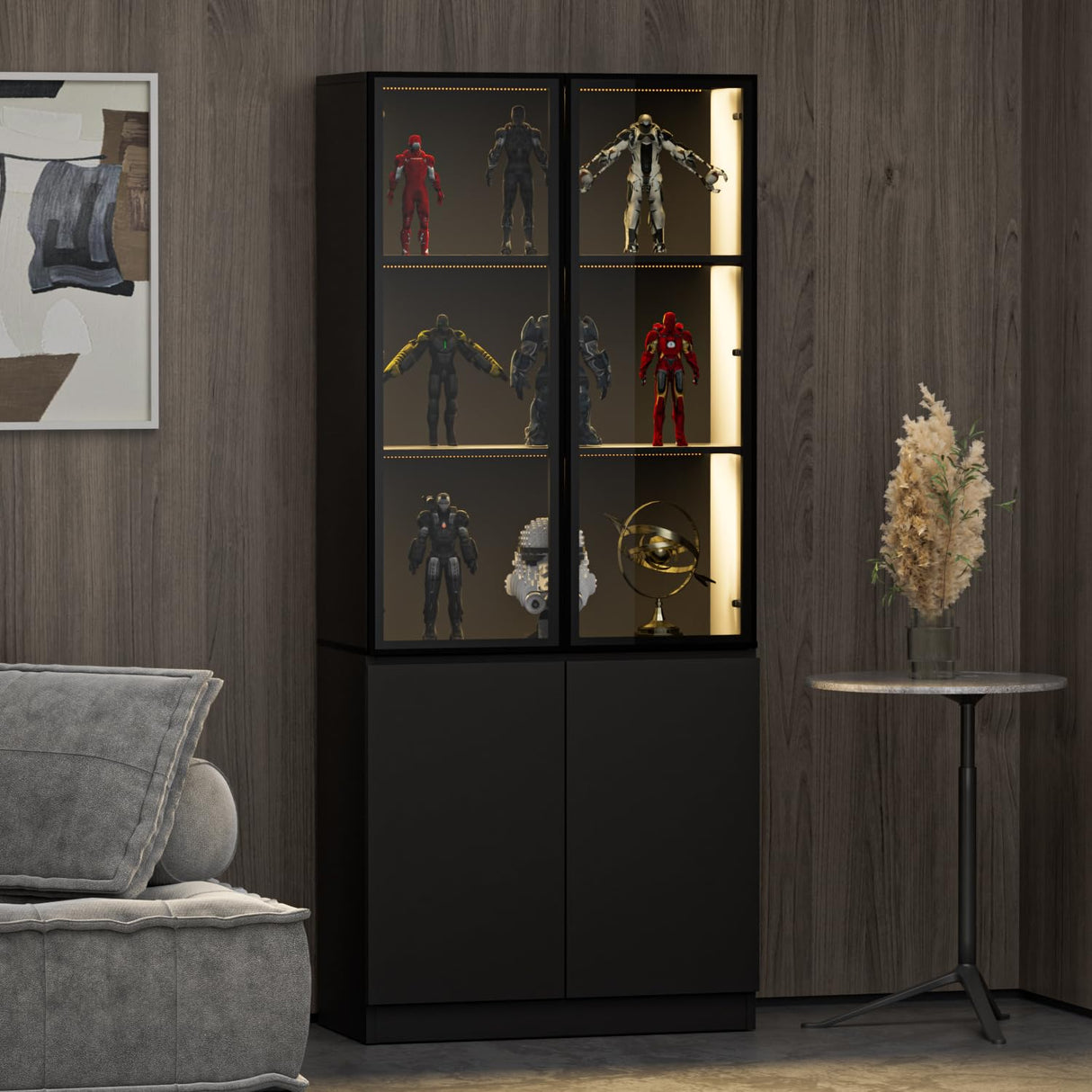 MAISONARIA Display Cabinet with Glass Doors & Lights, Curio Cabinet with 2 Shelves, Glass Display Cabinet for Living Room, Home Office, Bedroom, Black MAISONARIA