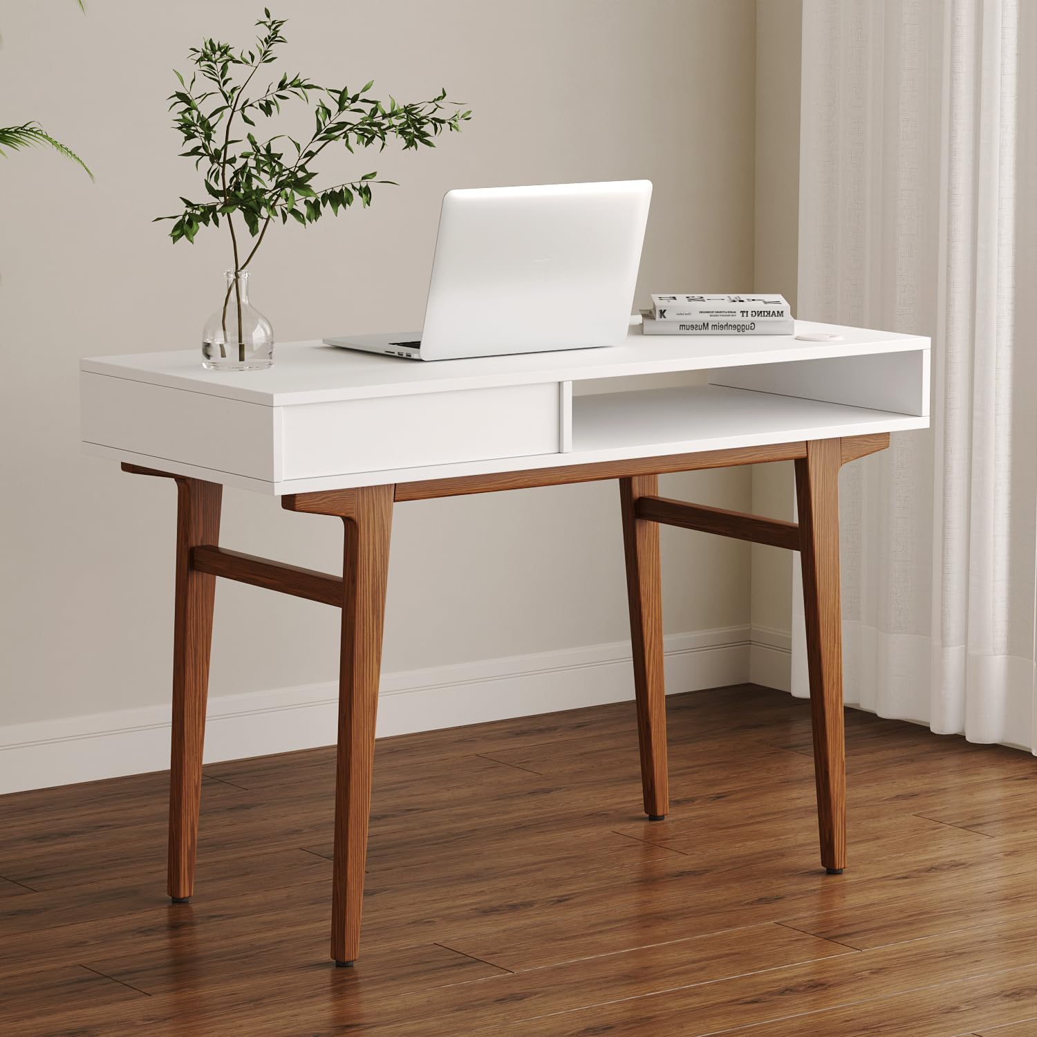 Longcoam Design White Computer Desk with Drawers - 45 inch Minimalist Small Solid Wood Mid-Century Modern Office Desk for Home - Boho Style Writing Table with Open Storage,Light Wooden Desk W - WoodArtSupply