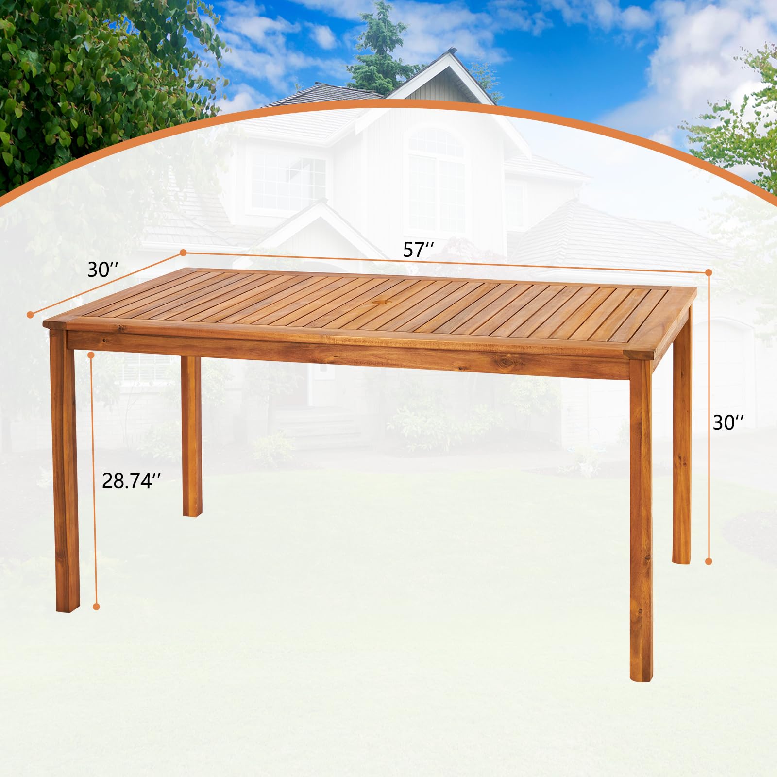 VINGLI Outdoor Dining Table, 57" Acacia Wood Rectangular Table with Umbrella Hole for Deck, Backyard, Lawn, Garden, Indoor - WoodArtSupply