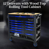 WTRAVEL Heavy Duty Rolling Tool Chest with 12-Drawer Tool Cart Mechanic Tool Box with Wheels Tool Storage Cabinet Mobile Workbench Tool Bench for Garage, Workshop, Warehouse, Repair Shop, Wood Top WTRAVEL
