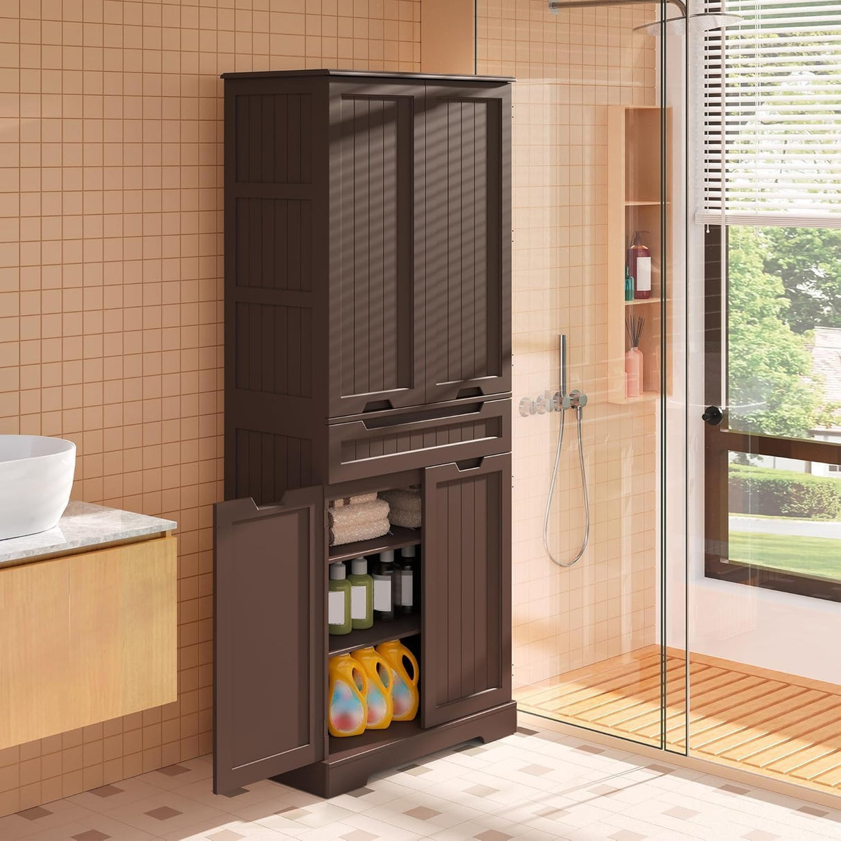 Gizoon 71" Kitchen Storage Cabinet with Doors and Shelves Large Pantry Storage Cabinet Freestanding Bathroom Cabinet with Drawer for Dining Room Craft Room, Dark Brown Gizoon