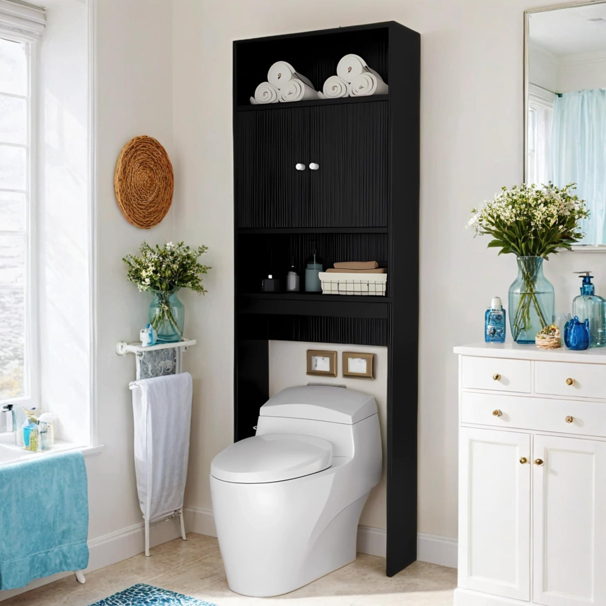 Tydaris Over The Toilet Storage Cabinet – Wood Bathroom Shelf Above Toilet with Double Doors, Bathroom Storage Cabinet Organizer, Black Tydaris