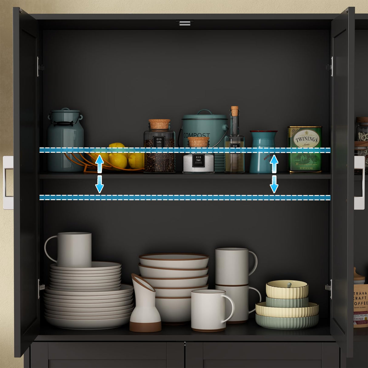 Loomie Kitchen Pantry Storage Cabinet, 64" Tall Freestanding Cupboard with Doors & Adjustable Shelves, Food Pantry Cabinet with 5-Tier External Shelf for Dining Room, Living Room (Black) Loomie