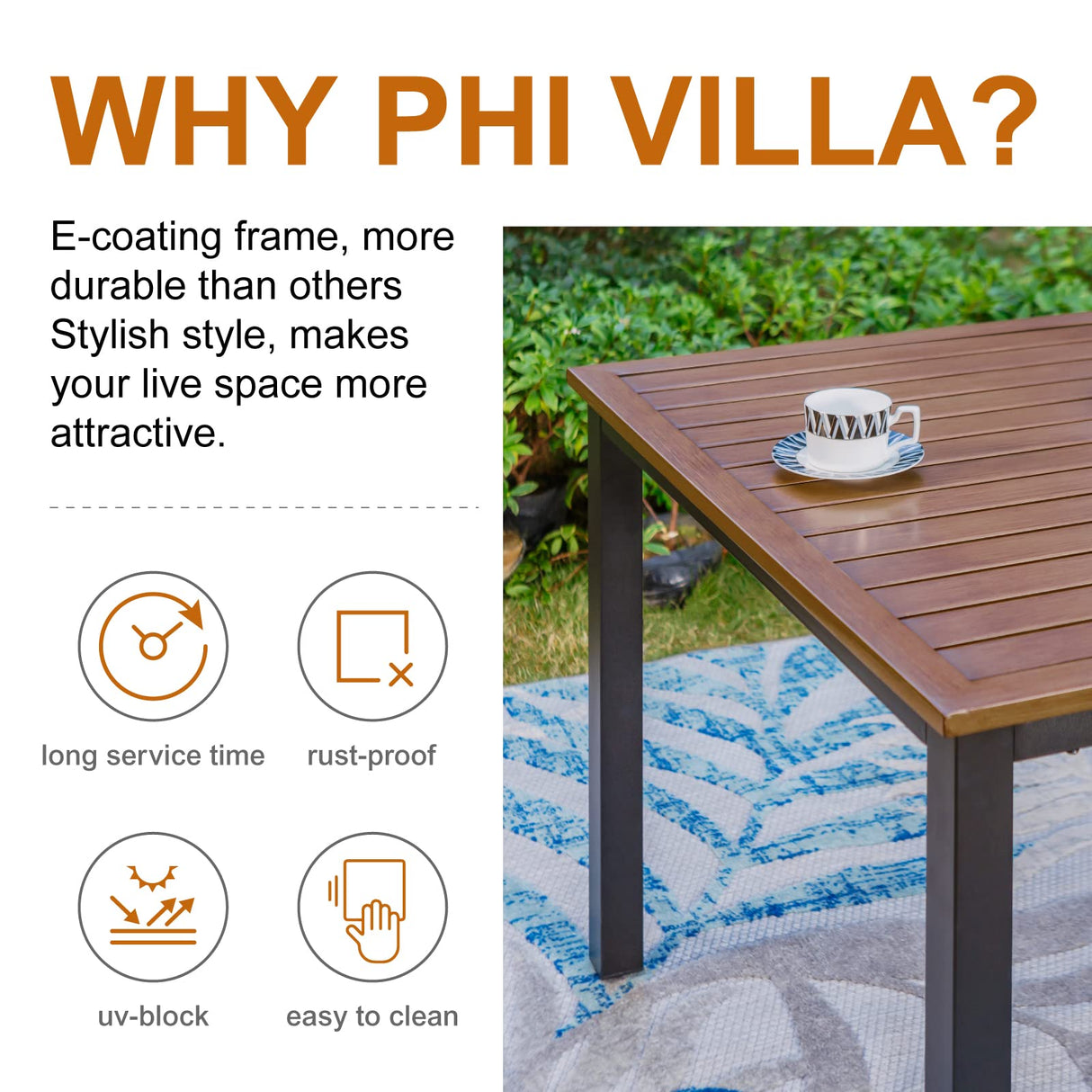 PHI VILLA 64" Rectangle Outdoor Dining Table, Patio Furniture Wood-Like Tabletop with Umbrella Hole for Patio Lawn Backyard Garden, Brown PHI VILLA