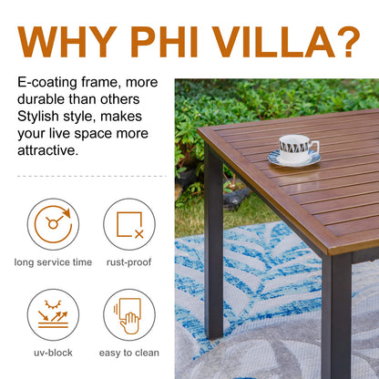 PHI VILLA 64" Rectangle Outdoor Dining Table, Patio Furniture Wood-Like Tabletop with Umbrella Hole for Patio Lawn Backyard Garden, Brown - WoodArtSupply