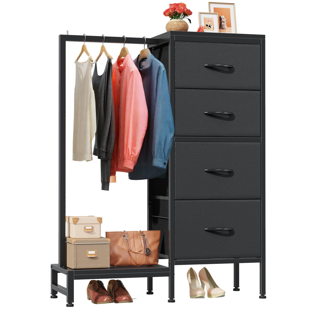 HIGDBFE Dresser with Hanging Rack, 4 Drawers Small Closet for Bedroom, Reversible Fabric Kids Chest of Drawers with Clothes Rack, Tall Storage Tower, Sturdy Frame, Black, 44''H HIGDBFE