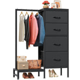 HIGDBFE Dresser with Hanging Rack, 4 Drawers Small Closet for Bedroom, Reversible Fabric Kids Chest of Drawers with Clothes Rack, Tall Storage Tower, Sturdy Frame, Black, 44''H HIGDBFE