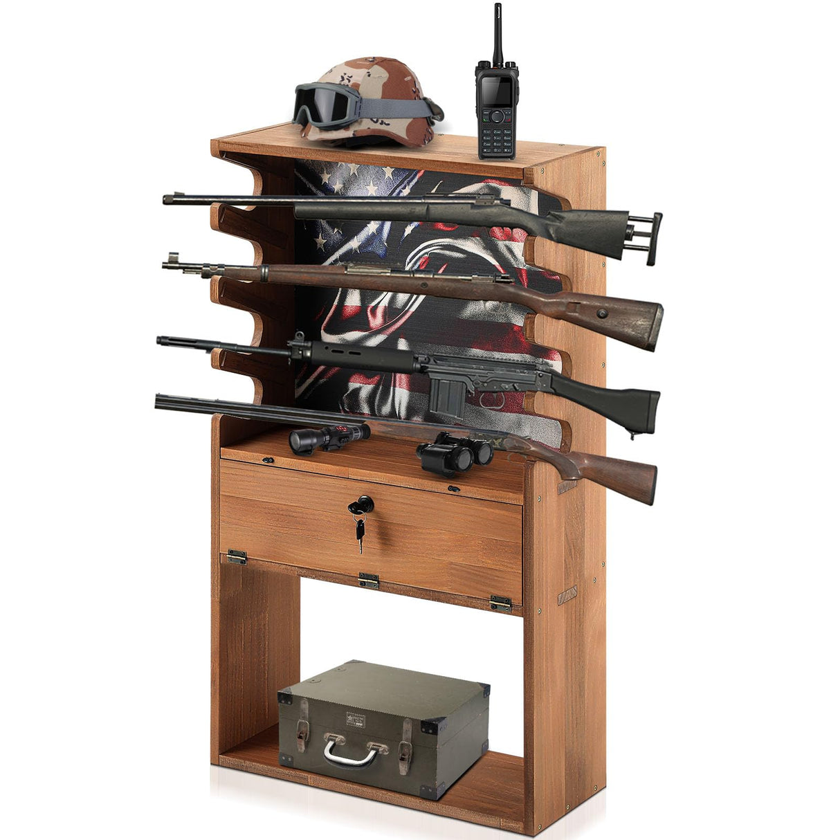 Colingmill Patriotic Wooden Gun Racks for 4 Rifles, American Flag Horizontal Gun Display Stand Cabinet Shelf with Storage Compartment for Shotgun Accessories, 35 x 20 x 13 Inch Colingmill