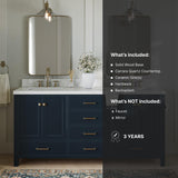 ARIEL Cambridge 72" Midnight Blue Double Vanity, 1.5" Edge Carrara White Quartz Countertop & Splash, Rectangular Sinks, 4 Soft Closing Doors, 6 Full Extension Dovetail Drawers, Satin Brass ARIEL
