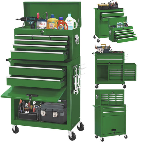Greenvelly Metal Tool Chest,8-Drawer Rolling Tool Chest on Wheels,2 in 1 Detachable Tool Cabinets,Liners and Locking System for Warehouse, Garage,Workshop, Barbershop（Green） Greenvelly