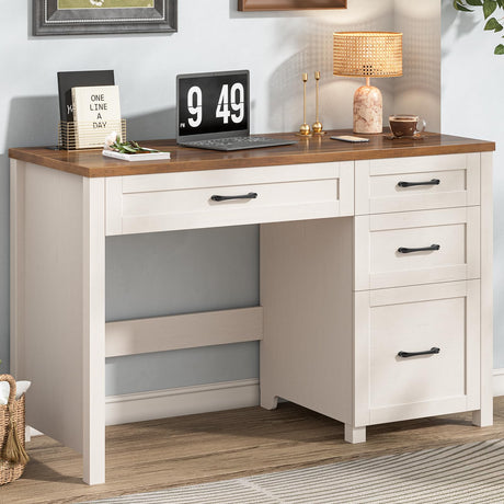 Vabches Farmhouse 47" Executive Desk with 4 Drawers, Computer Desk with File Drawer and Charging Station, Workstation for Home Office, Study.（Unique White） Vabches