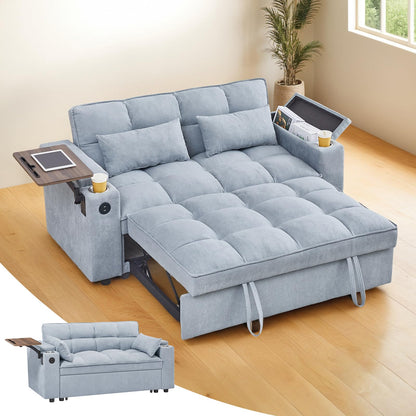 Skepphlay 3 in 1 Sleeper Sofa Bed, Pull Out Couch with Side Table, 65'' Convertible Loveseat with Adjustable Backrest, Chaise Lounge with USB and Type-C Ports for Living Room Office, Light Grey