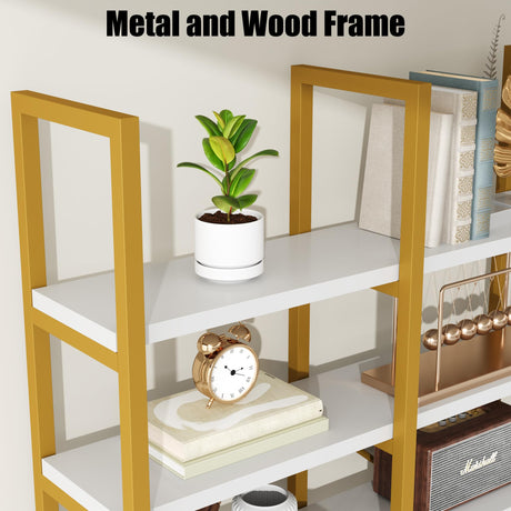 Semoic Large Bookshelf 5 Tiers, Triple Wide Geometric Bookcase, 71 Inches Tall Industrial Book Shelves Etagere Book Case, Sturdy Metal Frame, Freestanding Display Shelving Unit (Gold and White) Semoic
