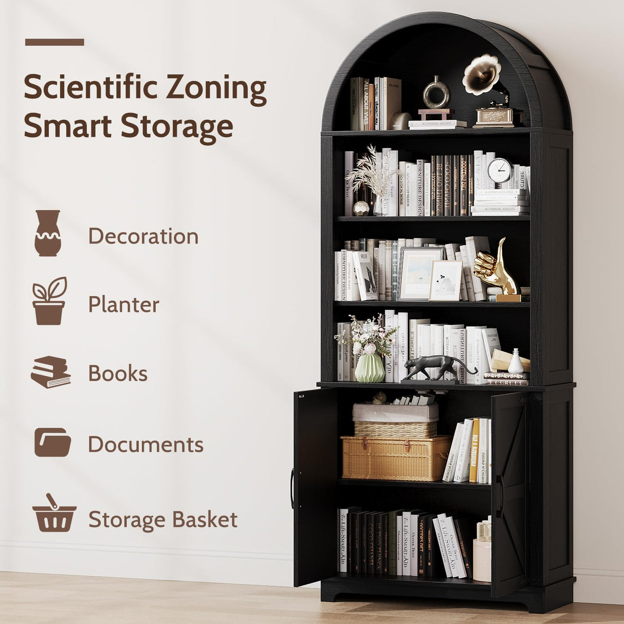 Vividwood 6-Tier Farmhouse Arched Bookshelf Bookcase with Doors, 70" Tall Storage Cabinet and Display Shelves, Open Shelves for Living Room or Office, Black Vividwood